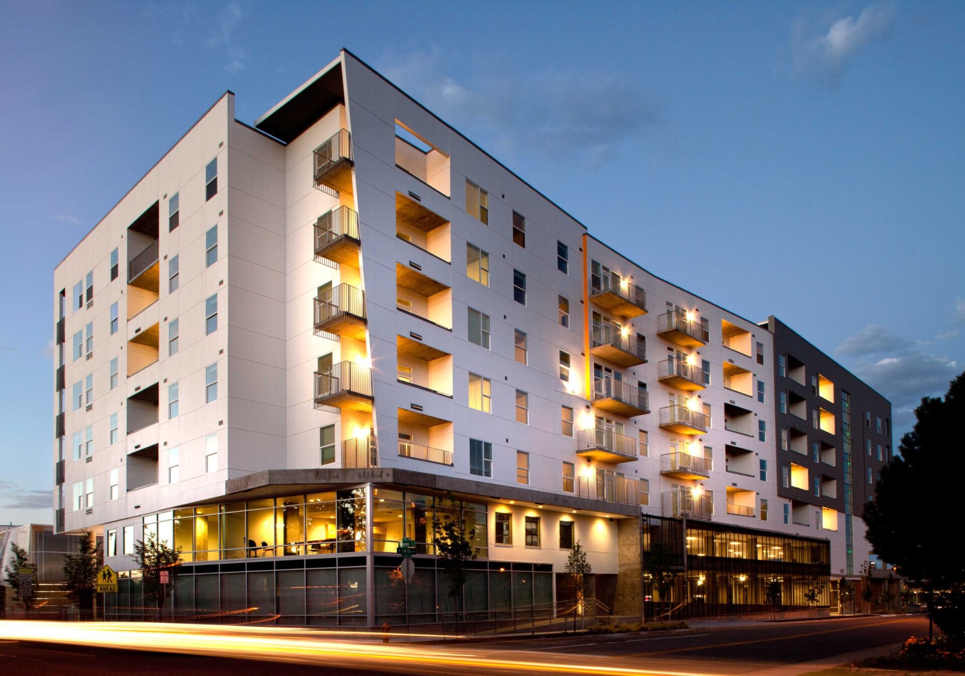 Evening view of Avondale Apartments 1 an affordable living complex in Denver