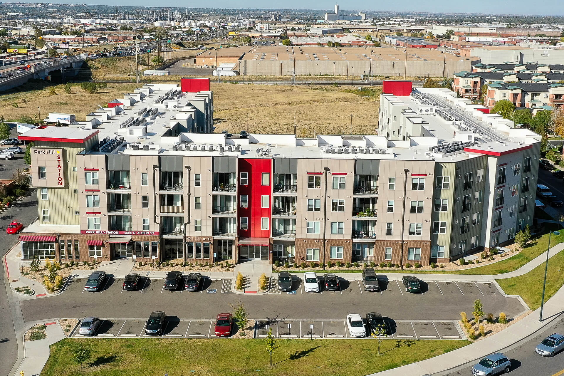 Artway North building: this is a U-shaped building with a brown, white, and red exterior