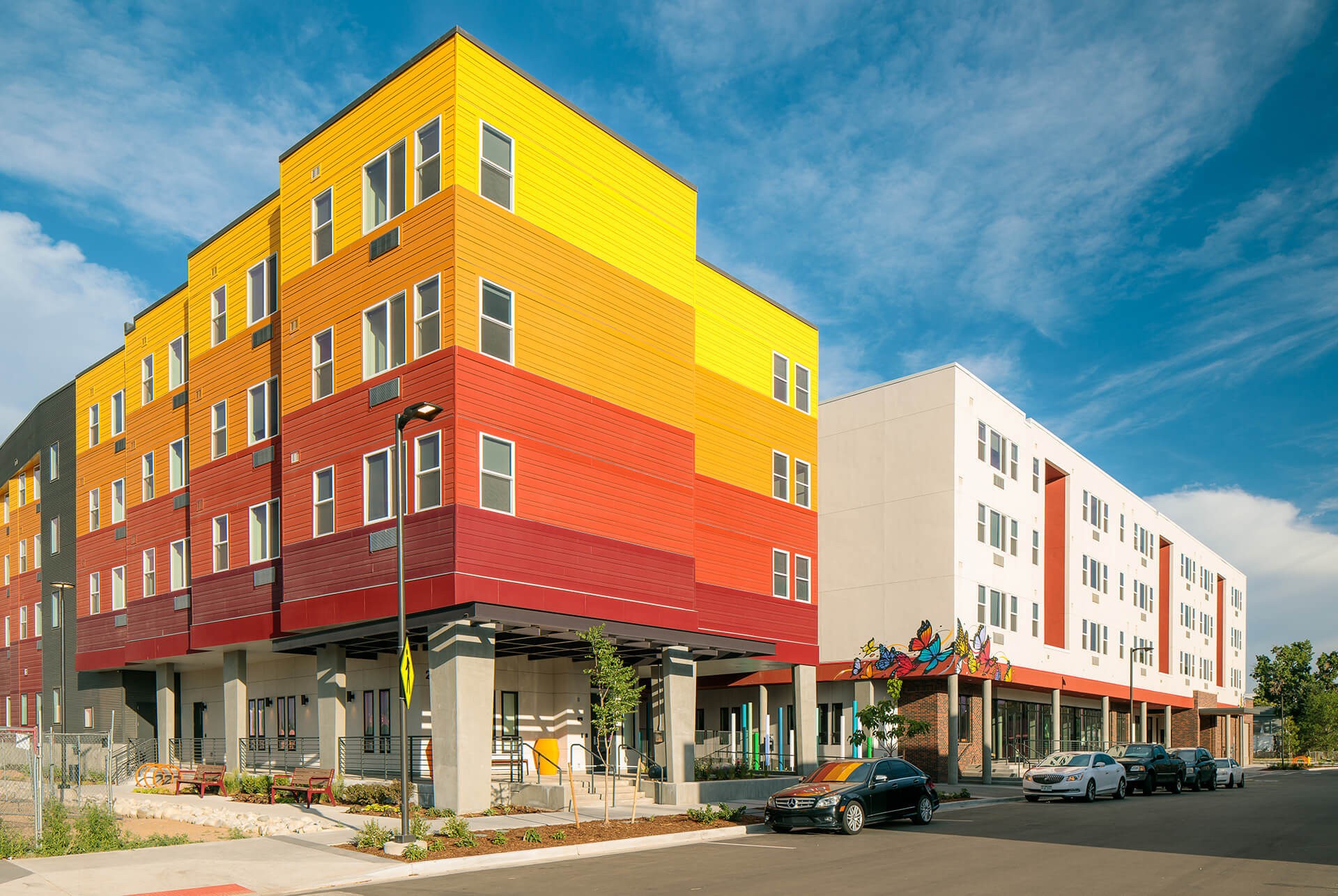 Yellow, orange, red, and white exterior of a modern building