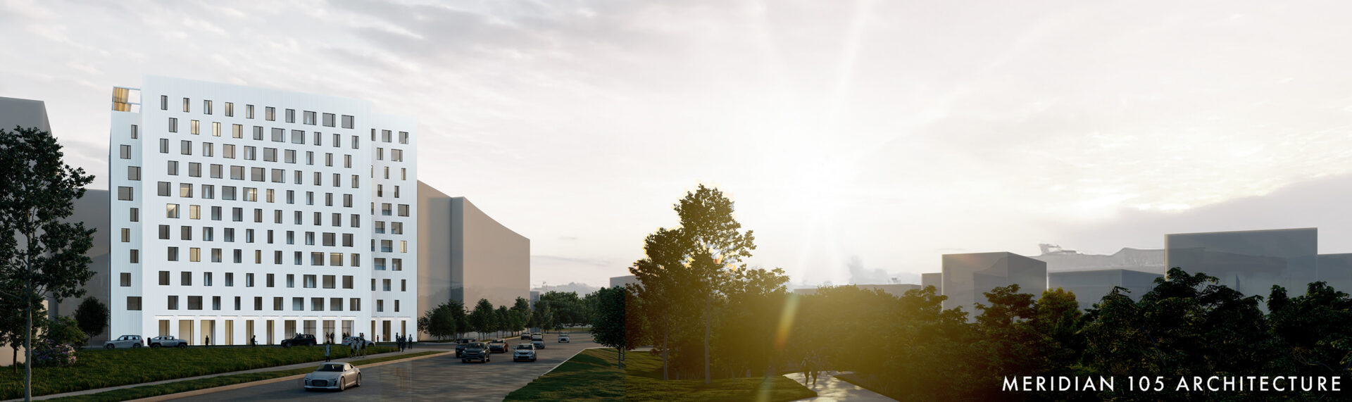 a rendering of a white, 11-story apartment building on Speer Boulevard in Denver