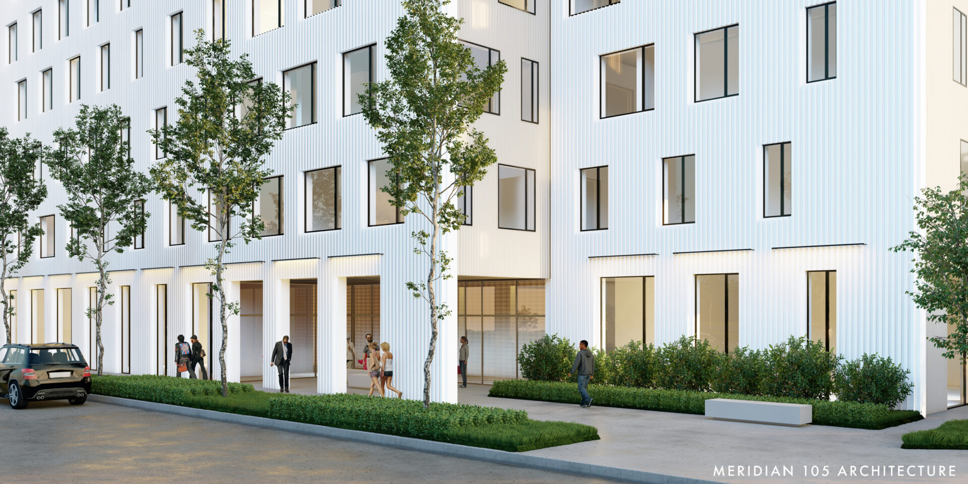 a rendering of a white apartment building with trees along the sidewalk
