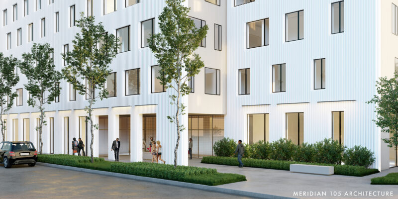 a rendering of a white apartment building with trees along the sidewalk